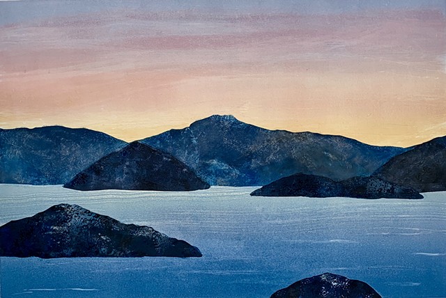 Island mountains, blue sea, dusk, twilight