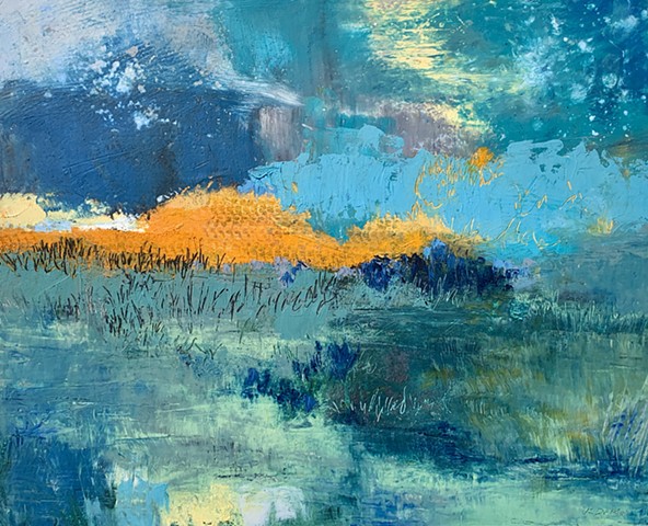 Oil painting using cold wax medium. Abstract contemporary art, landscape, moors, countryside, marshes