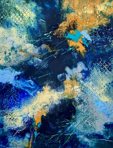 Oil painting using cold wax medium. Abstract contemporary art, fabric, woven patterns