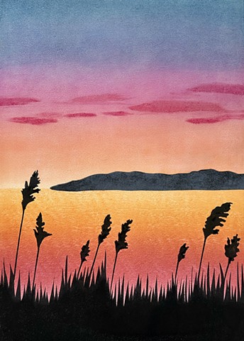 Original artwork of colorful sunset along the CT coast
