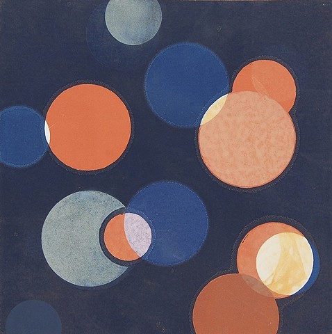 Original monotype, circles, moons, outer space imagery