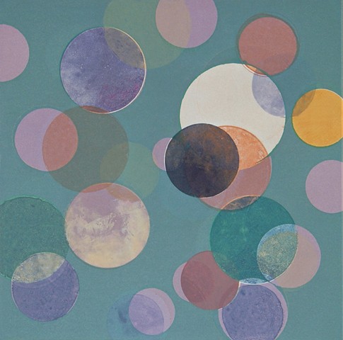 Original monotype, circles, moons, outer space imagery