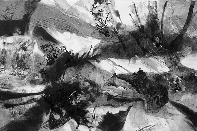 monotype, black and white, abstract landscape