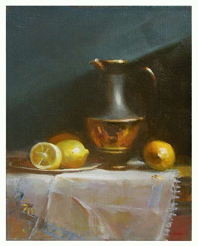 Still Life with Lemons studio painting by Lauren Andreach.