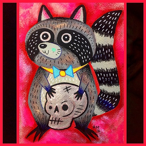 Raccoon, kawaii, gouache painting,