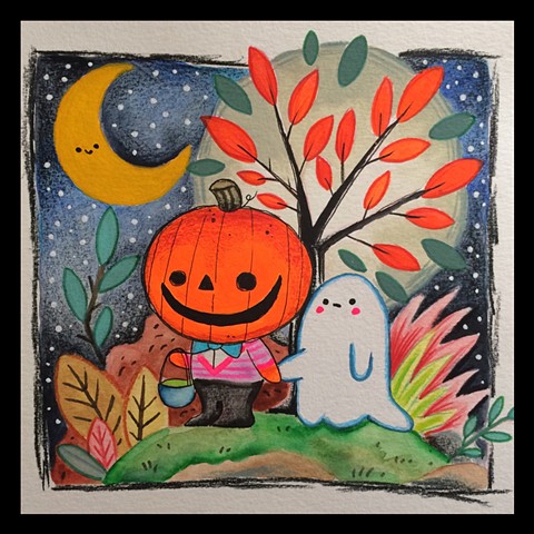 Halloween art,kawaii,kids art, watercolor,