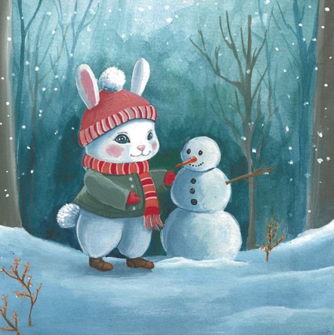 Bunny Building a Snowman