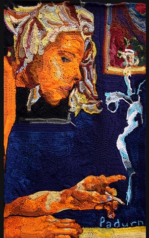 Crochet art portrait of a woman smoking in a cafe ashing cigarette crochet fiber art by Pat Ahern.