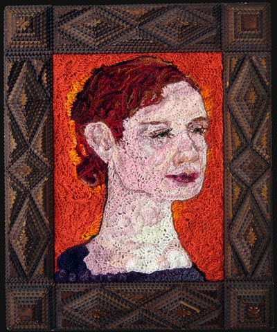 Crochet art portrait of a woman daughter sister wife crochet fiber art by Pat Ahern.