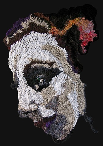 Crochet art portrait of a woman grandmother crochet fiber art by Pat Ahern.