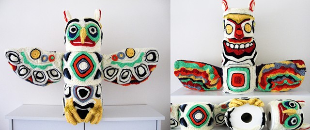 Owl totem pole toilet paper cozy crochet tp cozy yarn fiber art by Pat Ahern.