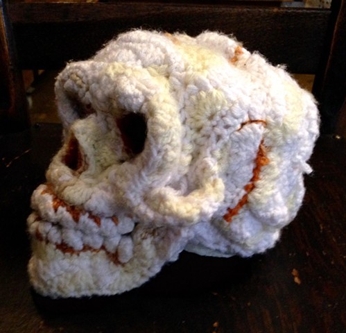 Skull toilet paper tp crochet tp cozy crochet fiber art by Pat Ahern.