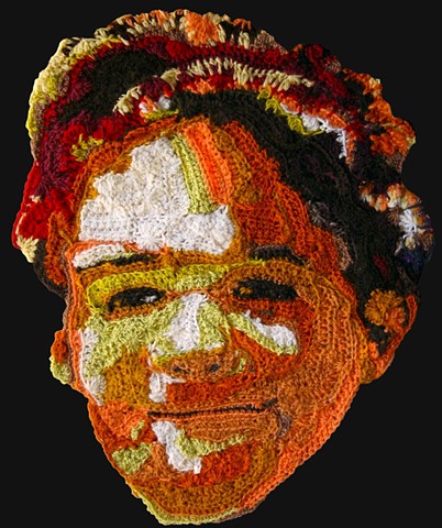 Crochet art portrait of a boy brother son crochet fiber art by Pat Ahern