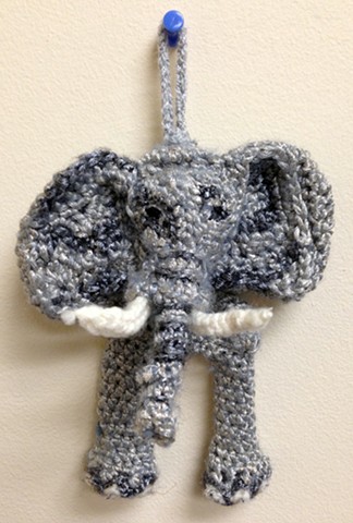 Crochet elephant ornament yarn fiber art by Pat Ahern.