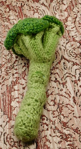 Crochet broccoli vegetable yarn fiber art by Pat Ahern.
