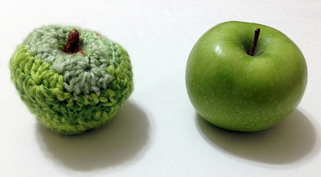 Crochet green apple granny smith toy yarn fiber art by Pat Ahern.