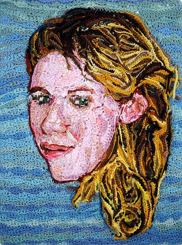 Crochet art portrait of a woman daughter sister wife crochet fiber art by Pat Ahern.