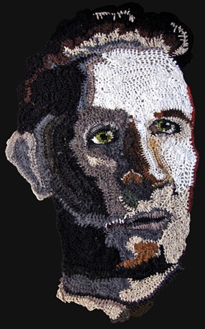 Crochet art portrait of man grandfather crochet fiber art portrait by Pat Ahern.