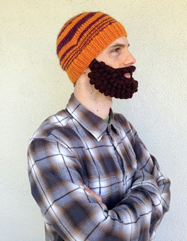 Lumberjack crochet halloween costume beard hat crochet fiber art by Pat Ahern.
