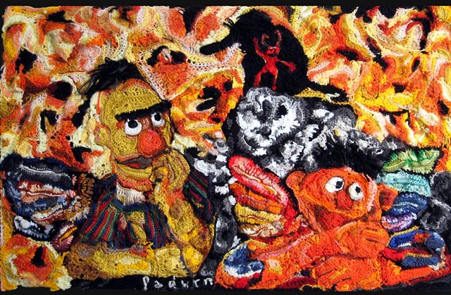 Crochet picture of Bert and Ernie in hell Elmo is the devil Snuffy is behind him crochet fiber art by Pat Ahern.