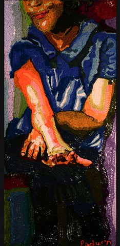 Crochet art portrait of a woman looking at her nails clean hands crochet fiber art by Pat Ahern.