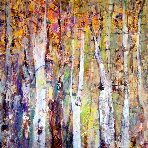 heavy impasto and golden glints on framed panel