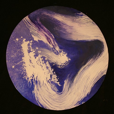  oil painting of white triangle on an indigo circle with light ball in the center space