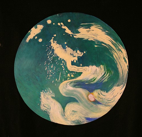white brush strokes on green, circular oil painting