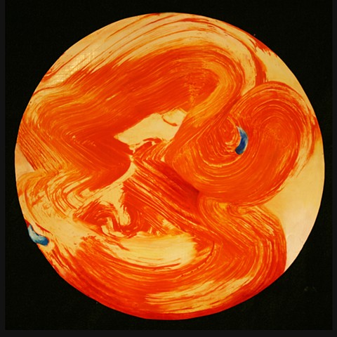 circular oil painting in orange and blue