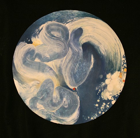 white on blue grey circular oil painting