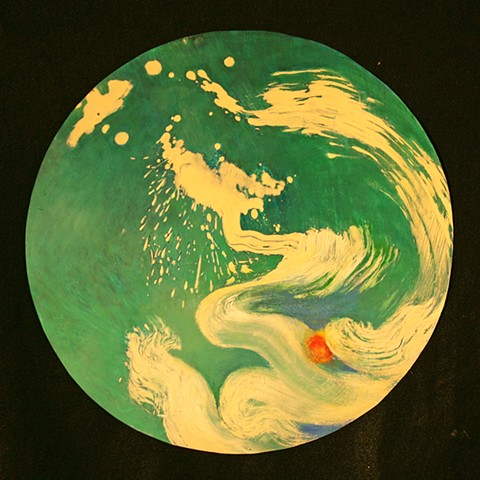 white brush strokes on green, circular oil painting