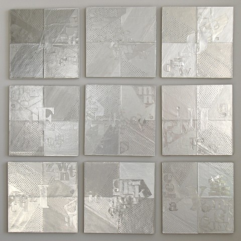 Jibberish, 9 Parts. 2007-2008. Aluminum-foiled paper on drywall.