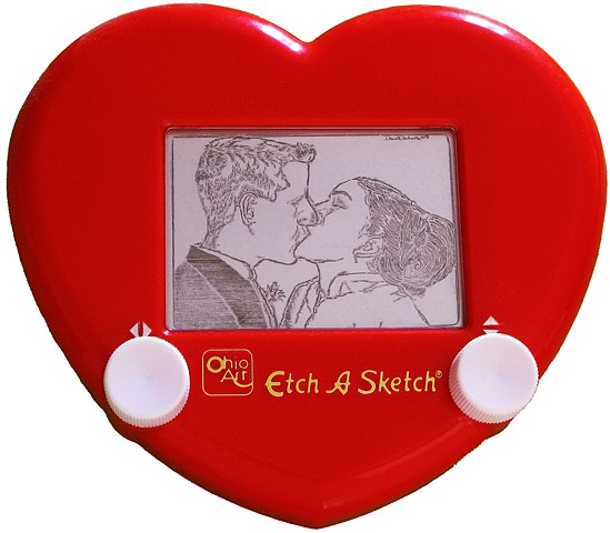 Sealing Kiss self-portraid wedding Etch A Sketch Art by David Roberts