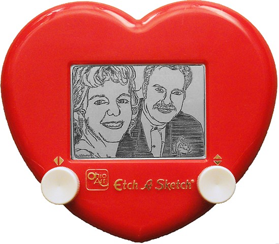 Newlywed Limo Ride Etch A Sketch portrait Art by David Roberts