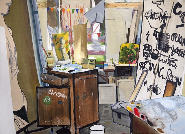 "Studio Scene" by Ian Sonsyadek, Oil and permanent marker on canvas