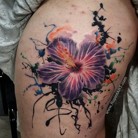 hibiscus flower tattoo. inkblot watercolor tattoo