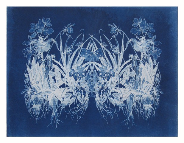 negative image of Greek wildflowers prussion blue and white printed on mulberry paper