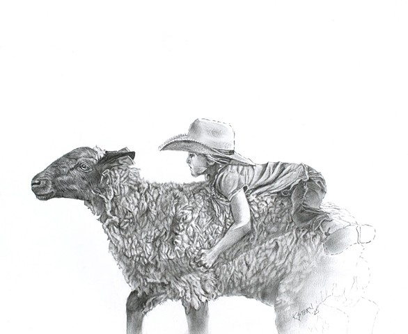 Charcoal drawing of young girl clinging to a lamb, Mutton Bustin', Snowmass, Rodeo.