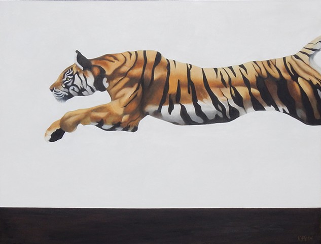 Oil painting of leaping tiger by Kandy Stern.