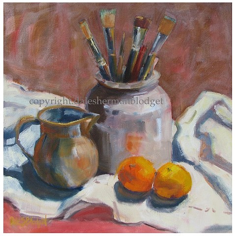 still life oil painting, oranges, paintbrushes