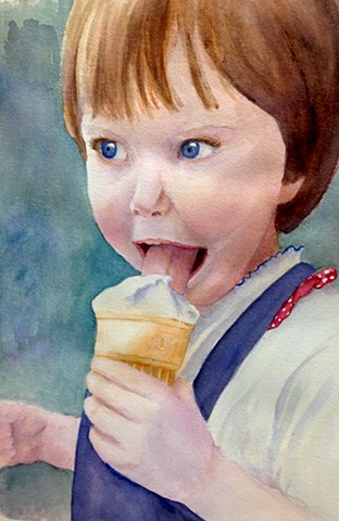 Three-year old girl licking ice cream cone