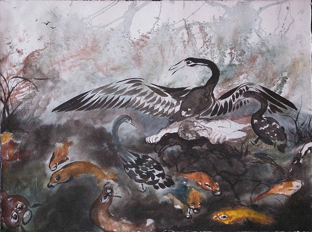 ink brush painting, leda, koi, large swan 