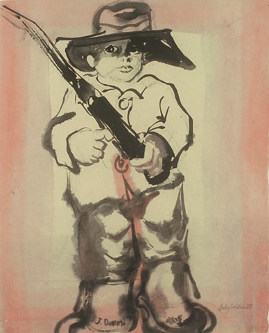 ink painting of young boy soldier, WWI era