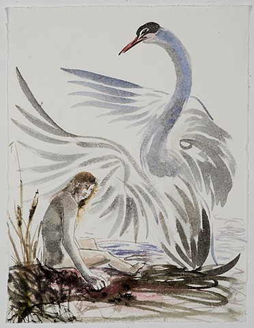 sitting Leda, watercolor and swan with out stretched wings