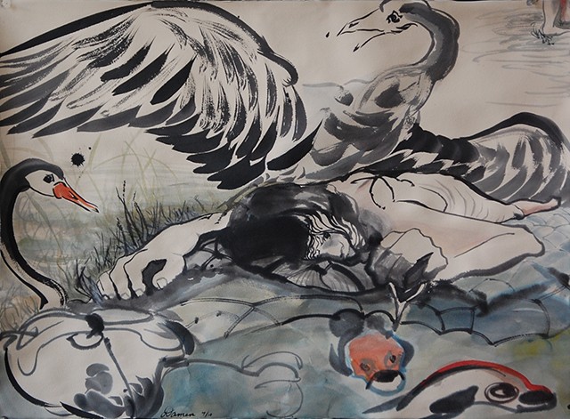 Supine girl floating on a turtle and an angry swan above her. She imagines walking away