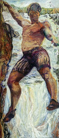rock climber hanging, strong impasto strokes, magical environment