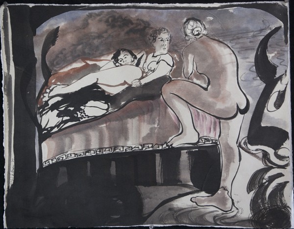 ink painting of young women lounging, Minotaur 