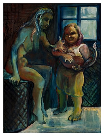 A naked woman touching a child, child embracing the baby minotour