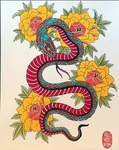 Snake and peony flowers, japanese tattoo