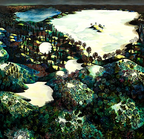 Night scene painting of snowy hills and trees from above by Sophia Heymans 
